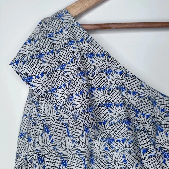 Maeve Anthropologie Blue Pineapple Print Ruffle Cropped Blouse Size Small - Picture 9 of 11